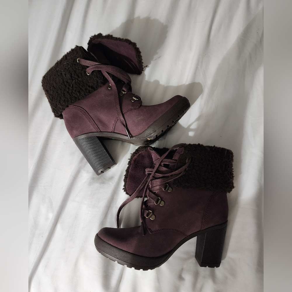 Timberland Camdale Fold Down Purple Heeled Boots - Size 6.5, Genuine Leather - Picture 2 of 10